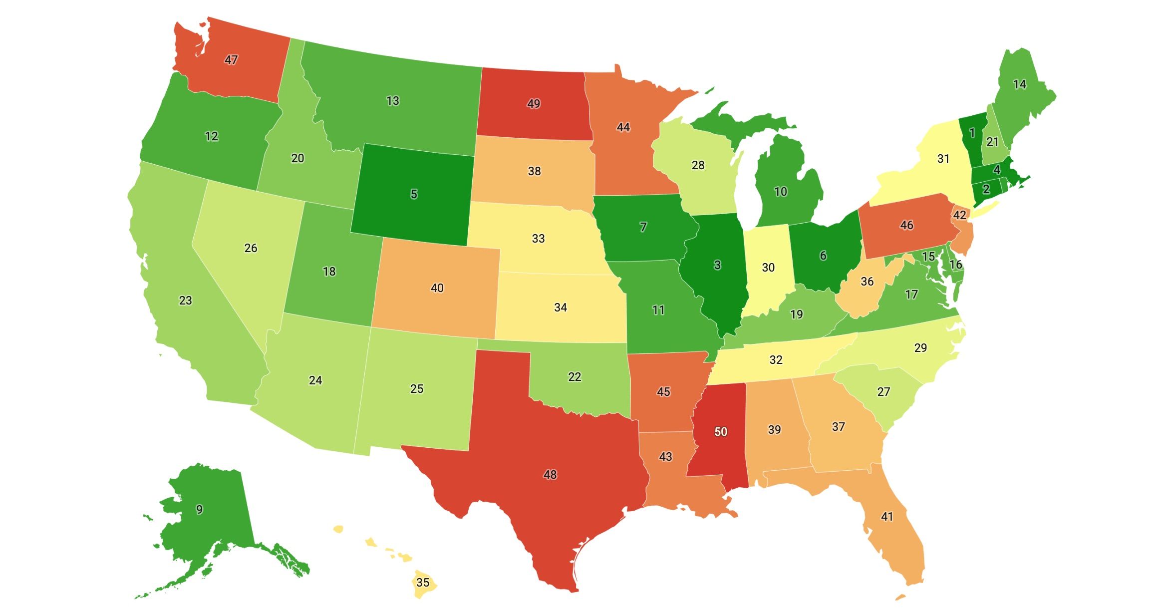 Image of a US map with states colored in red, yellow, or green, to indicate how much residents use their libraries.