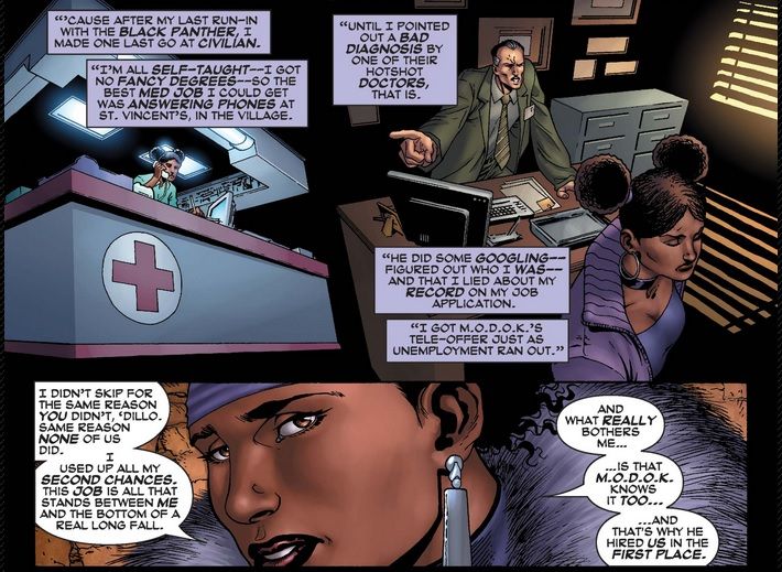 In a flashback, Nightshade reveals she tried to get honest work as a secretary at a clinic, but she was fired after correcting a doctor. She now worries that MODOK is manipulating her.