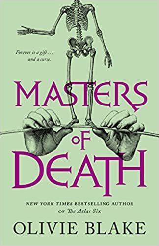 cover of Masters of Death by Olivie Blake; mint green with illustration of skeleton standing on a tight rope held by hands