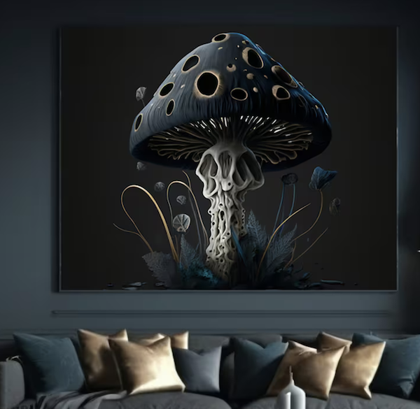 a canvas print illustration of a mushroom in dark tones and colors