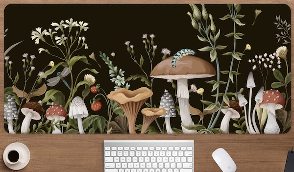 a desk mat with an illustration of a dark forest with all kinds of mushrooms by DeskNeko
