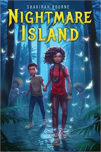 cover of Nightmare Island by Shakirah Bourne; illustration of a young Black boy and girl walking through a night forest surrounded by white butterflies