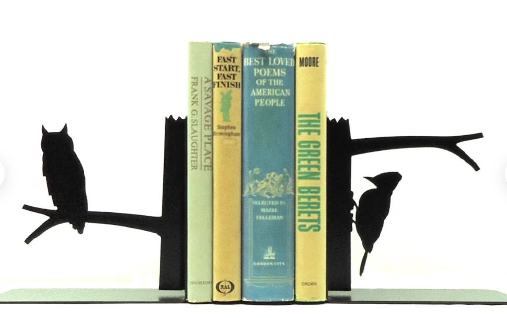image of metal bookends featuring an owl and a woodpecker. 