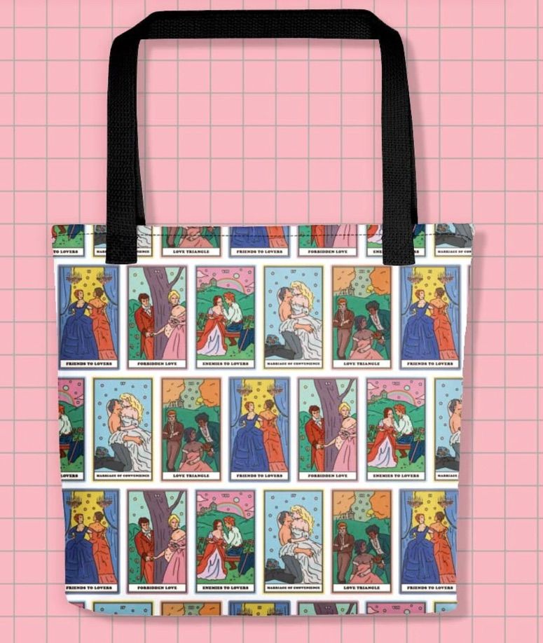 Image of a tote bag that features a series of tarot cards depicting romance tropes.