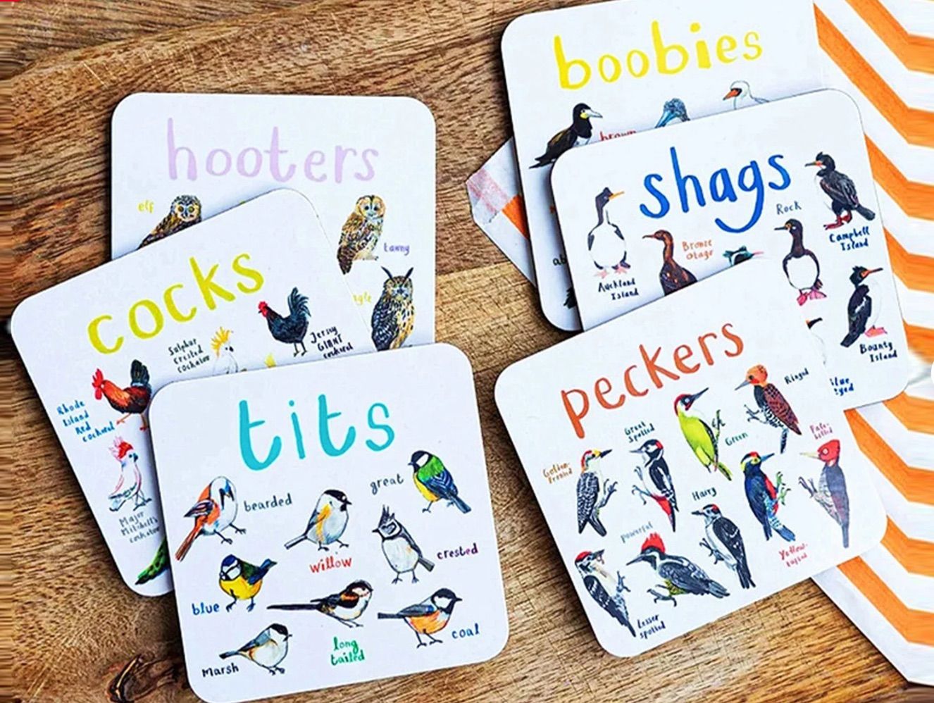 Image of six coasters with bird puns. 