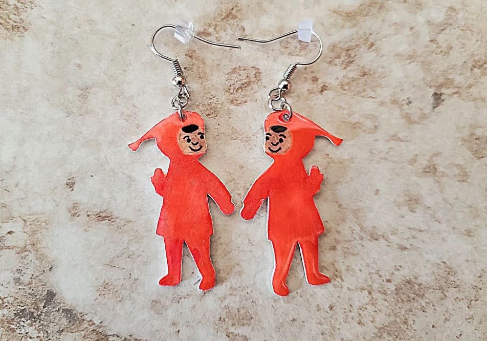 Image of earrings featuring Peter from the snowy day book. 