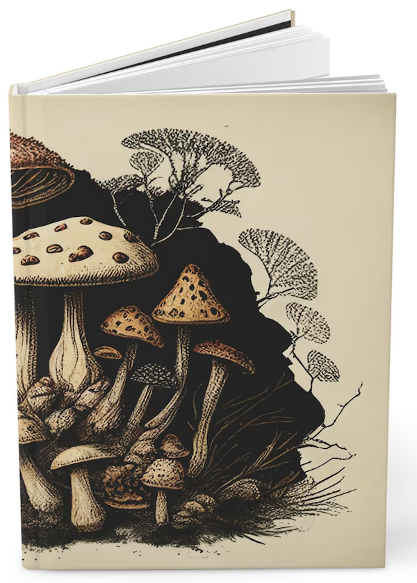 beige journal with an illustration of a dark forest filled with mushrooms