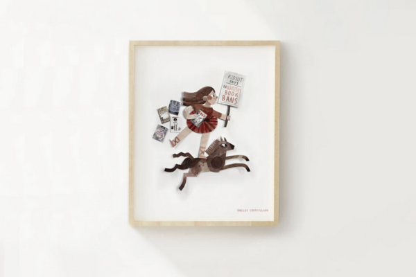 Giclee art print featuring a girl standing atop a leaping horse and holding a sign that says "Kidslit says #Banish Book Bans"
