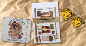 a collage of the bookish goodies listed