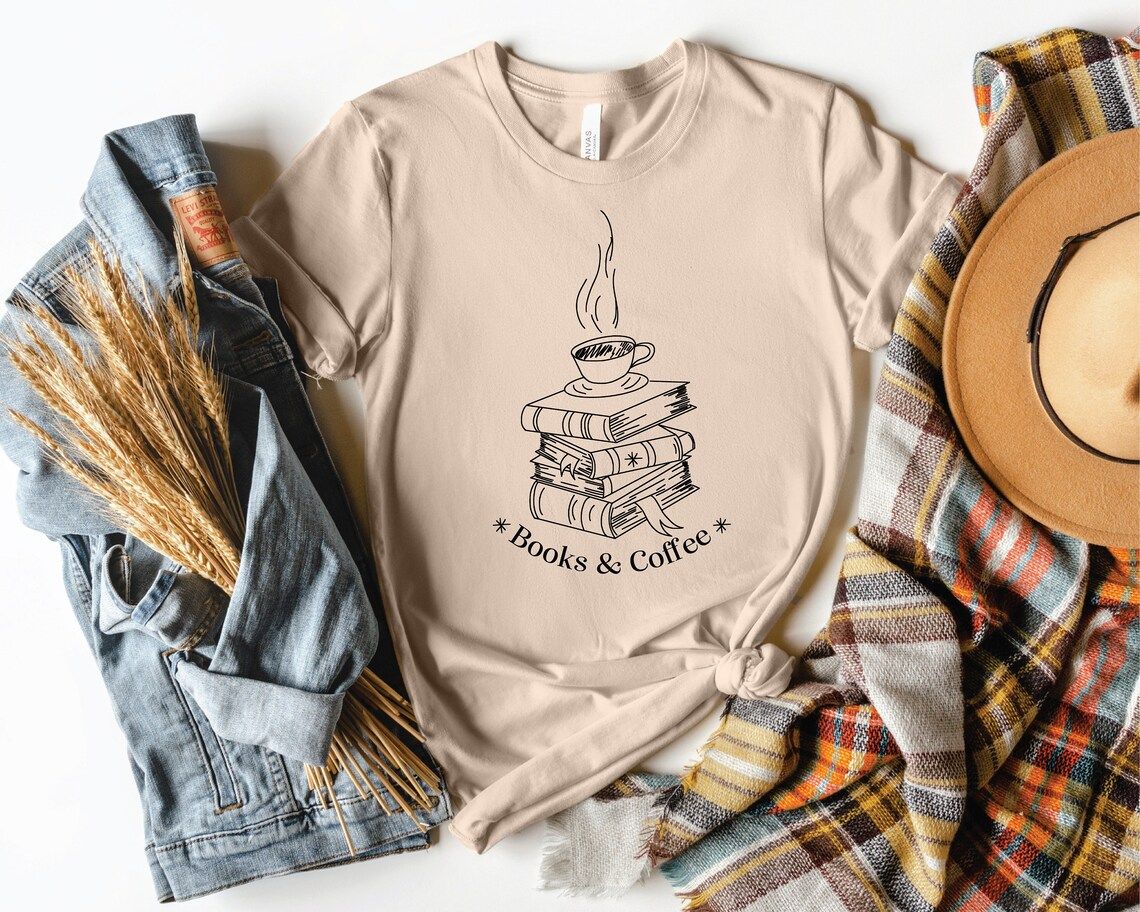 books & coffee stack tee