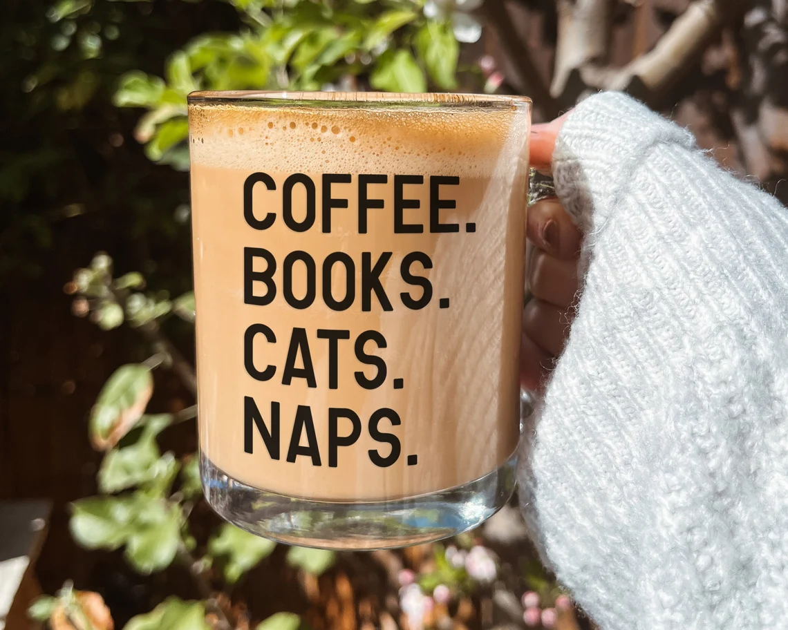 coffee books cats naps cup