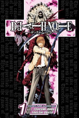 cover of Death Note by Tsugumi Ohba and Takeshi Obata; illustration of young man with red hair in a school uniform holding a scythe with a scary Shinigami death god behind him