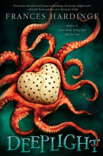 cover of Deeplight by Frances Hardinge; illustration of a white heart with black dots surrounded by red tentacles