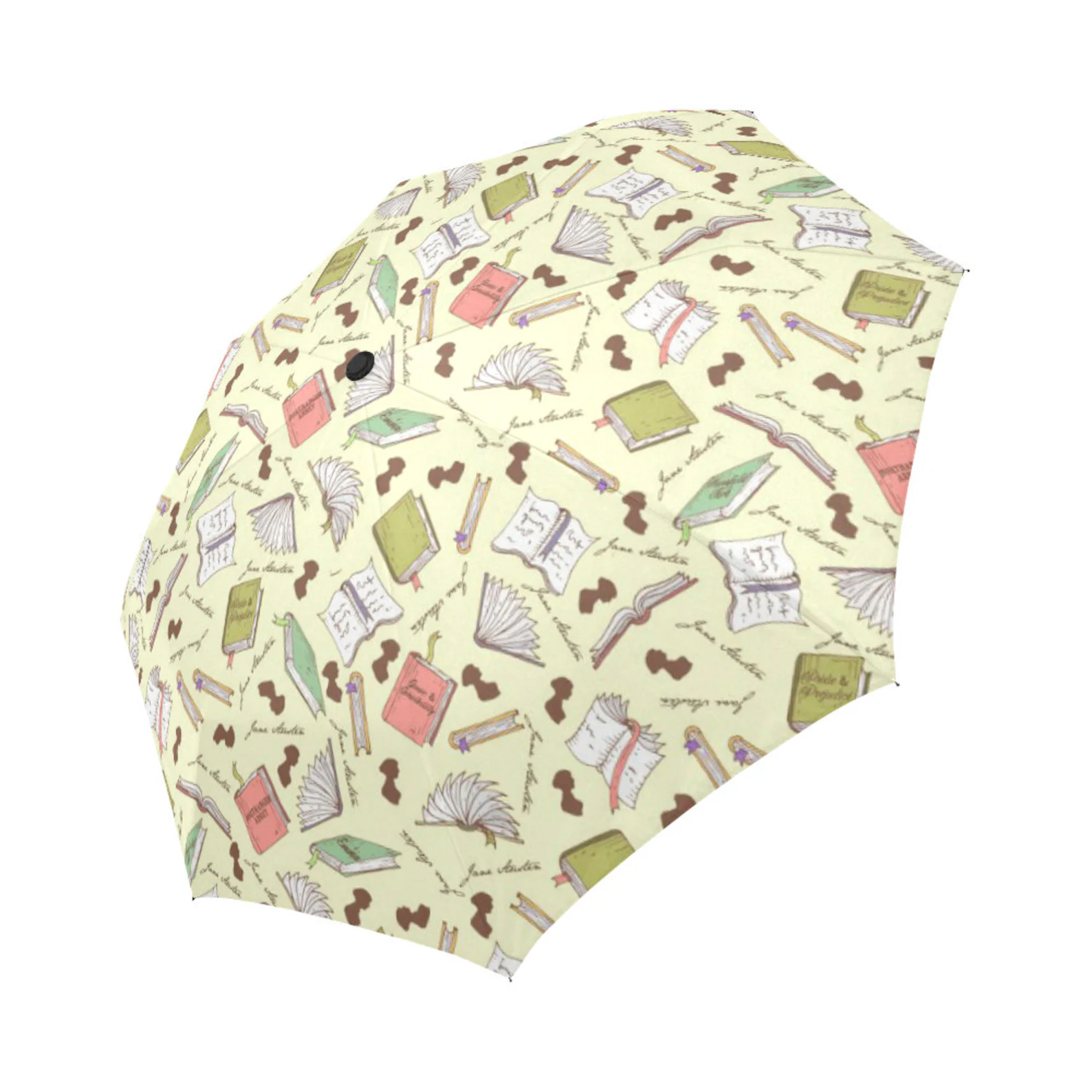  a yellow umbrella with open books, Jane Austen's signature, and her bust as a repeating print