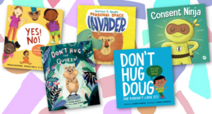 a collage of the covers of the kids books about consent listed