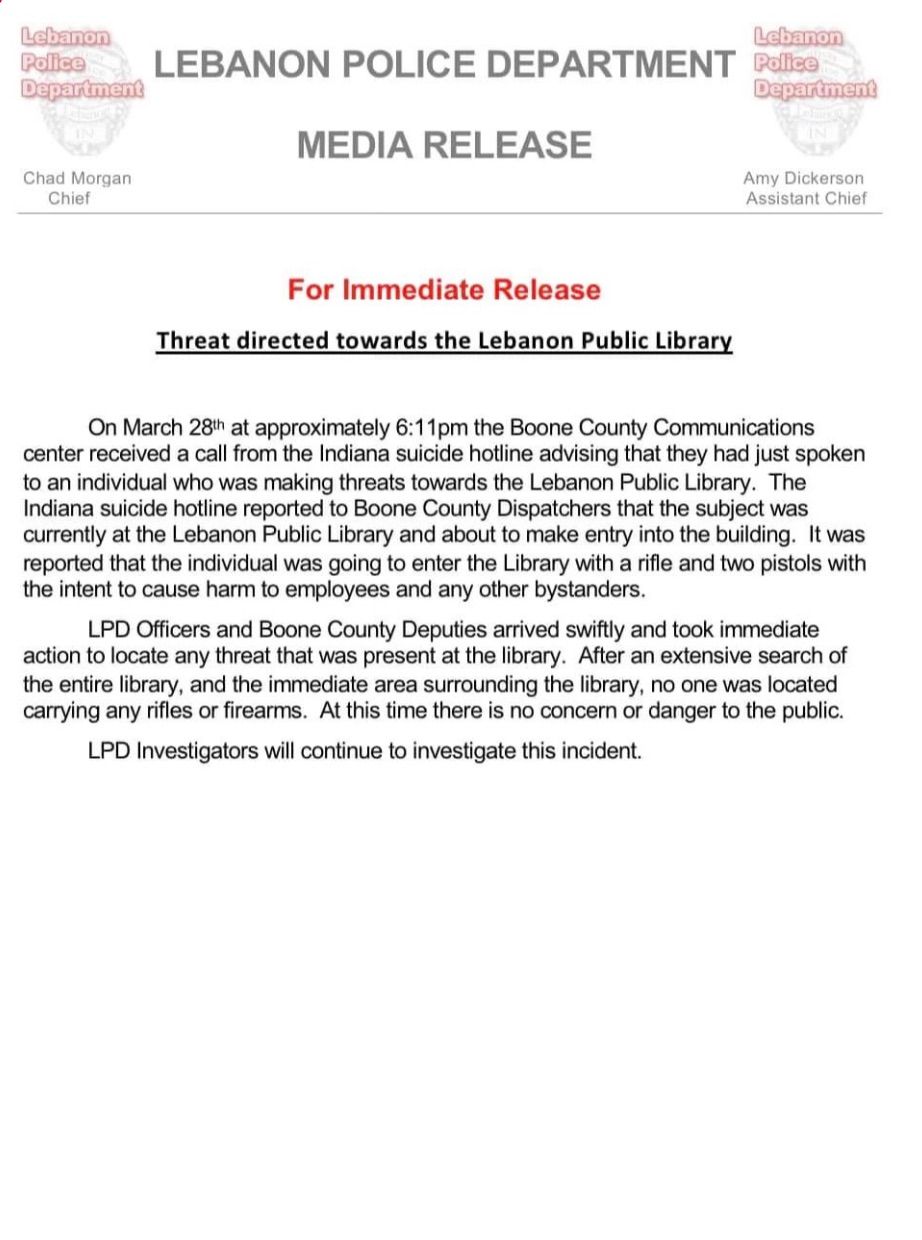 Lebanon Public Library Indiana warning about shooting to happen. 
