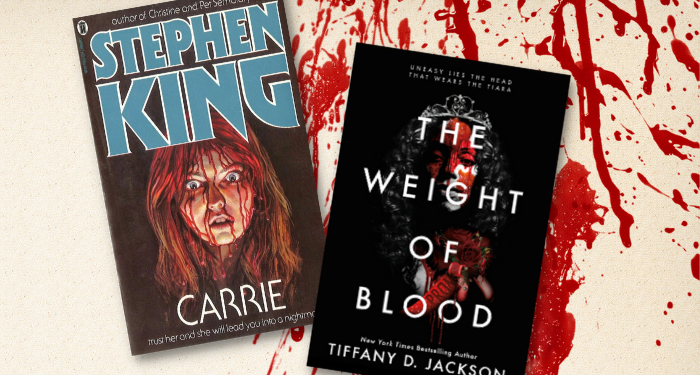 a collage of Carrie and The Weight of Blood against a bloody background