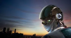 back of a robot's head looking out on a city skyline