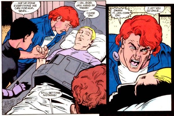 Two panels from Legion of Super-Heroes #50. Jan lies in a futuristic hospital bed, unconscious, with Sean and two other people bending over him. Sean is holding his hand.  Panel 1:   Person #1: ...We've done everything we can for him, Sean... Sean: ...Oh, god. Jan, hand in there! Come on! Person #2: Still getting nothing!  Panel 2:  Sean: Damn it, Jan, come on! I let you go once...