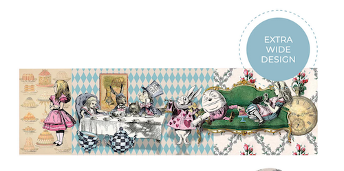 extra wide washi tape with graphic art of Alice in Wonderland scenes