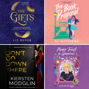 Audiobook covers for The Gifts by Liz Hyder, The Book Proposal by KJ Micciche, Don't Go Down There by Kiersten Modglin, and Never Trust a Gemini by Freja Nicole Woolf