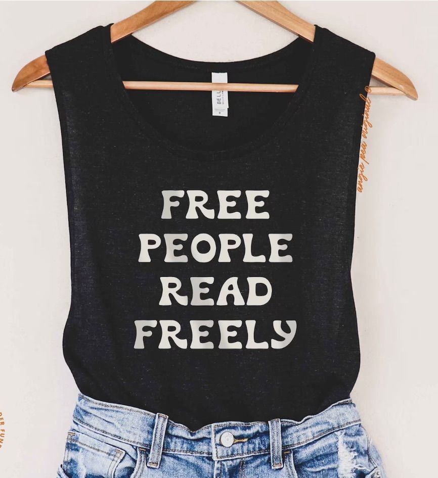 Black tank top with white text reading "free people read freely."