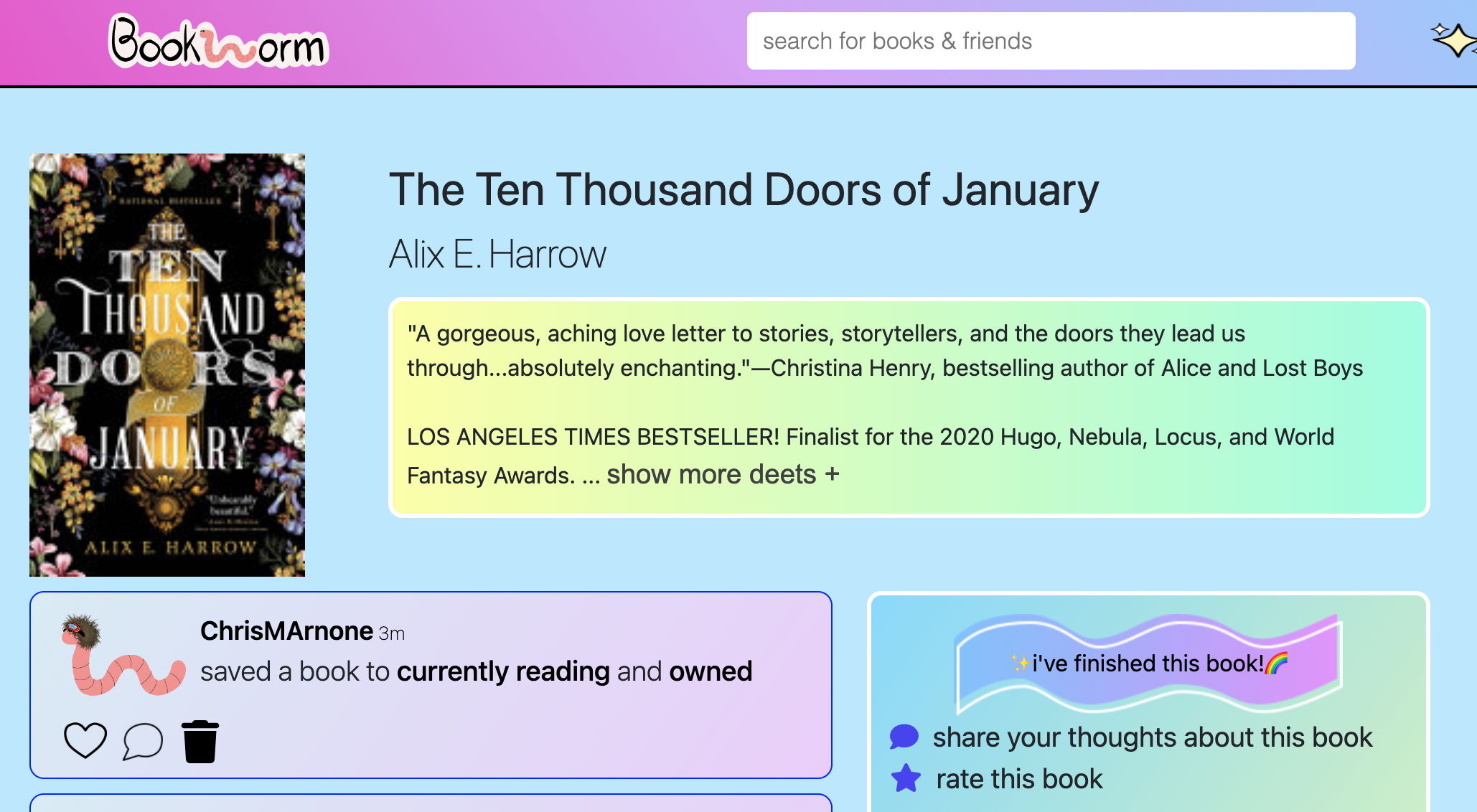 image of Bookworm Reads page for The Ten Thousand Doors of January