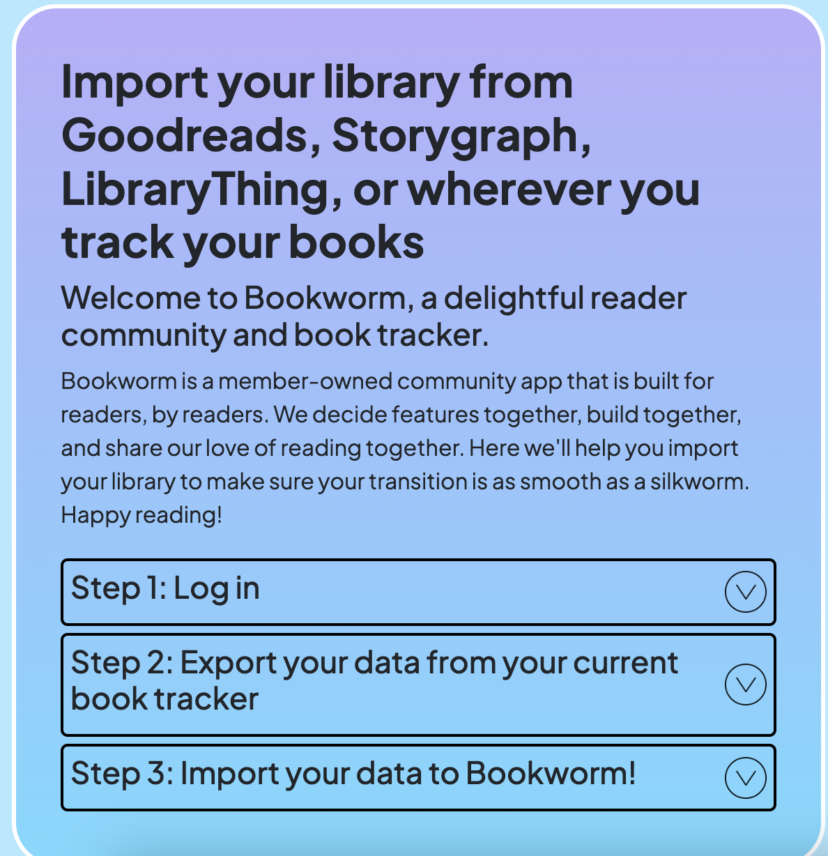 image of Bookworm Reads import instructions