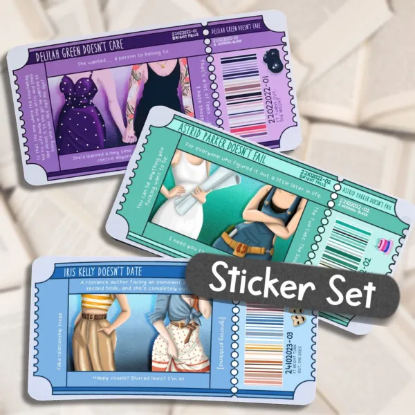 Three stickers that look like movie tickets from the Bright Falls romance book series