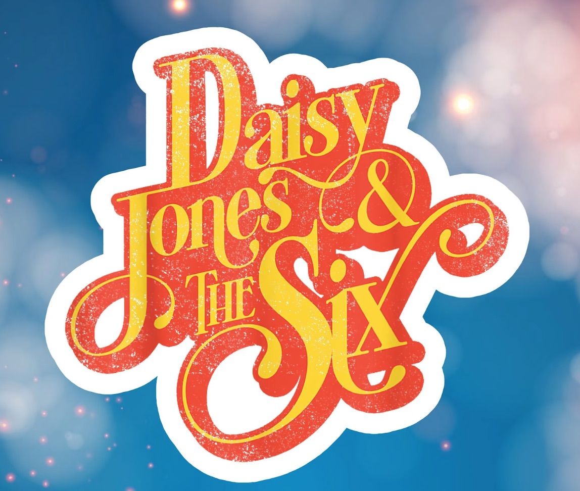 Image of a vinyl sticker with yellow and orange text reading "daisy jones and the six."