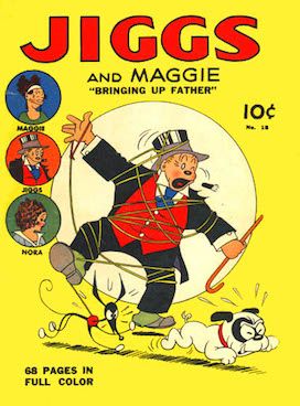 yellow Jiggs and Maggie comic cover featuring Jiggs tangled up in a dog leash as his dog chases another
