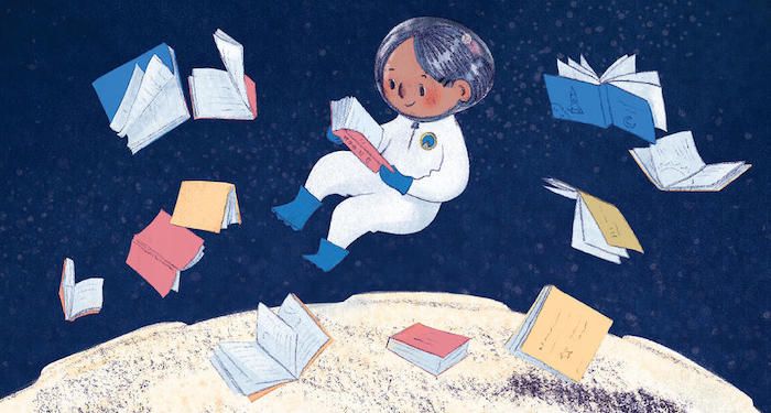 Margot and the Moon Landing cropped cover, showing an illustration of a young girl with brown skin wearing an astronaut suit. She is reading and more books float around her. The moon is in the background.