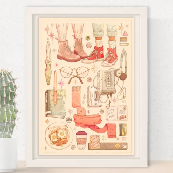 Sepia illustration of important objects from One Last Stop by Casey McQuiston