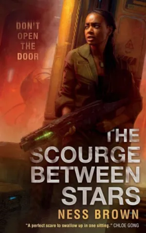 cover of The Scourge Between Stars by Ness Brown; illustration of a young Black woman holding a large space rifle