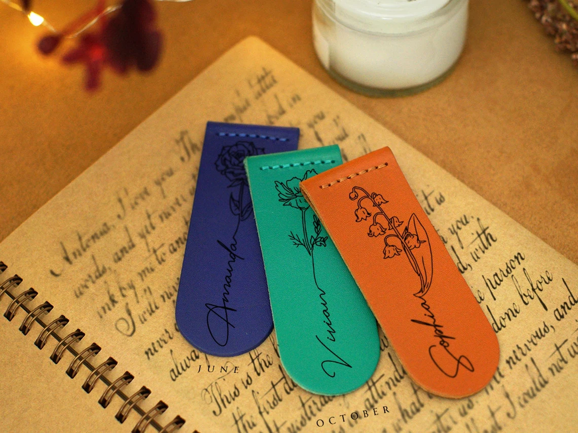 birth flower leather bookmark