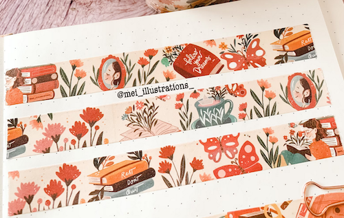 washi tape with illustrations of butterflies, flowers, books, and a woman reading