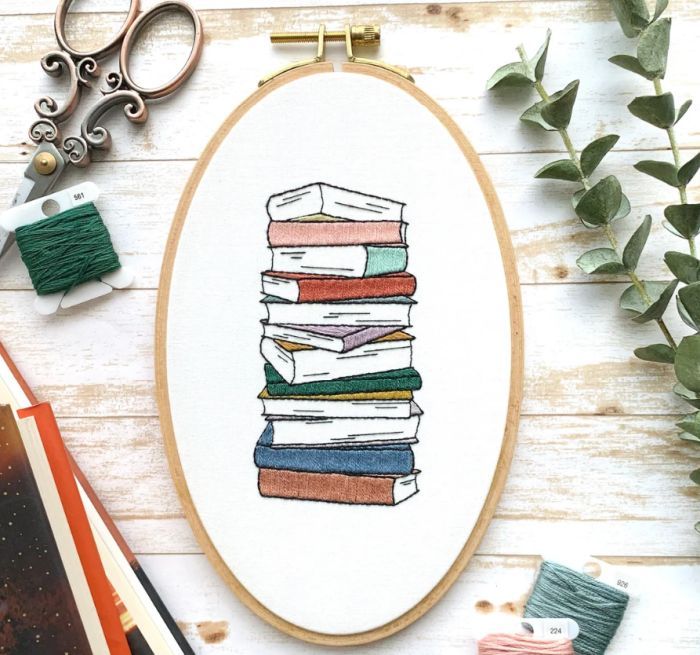 book stack embroidery pattern by stitchandstoneshm