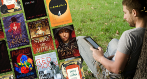 a collage of the covers listed with a photo of someone reading on an ereader