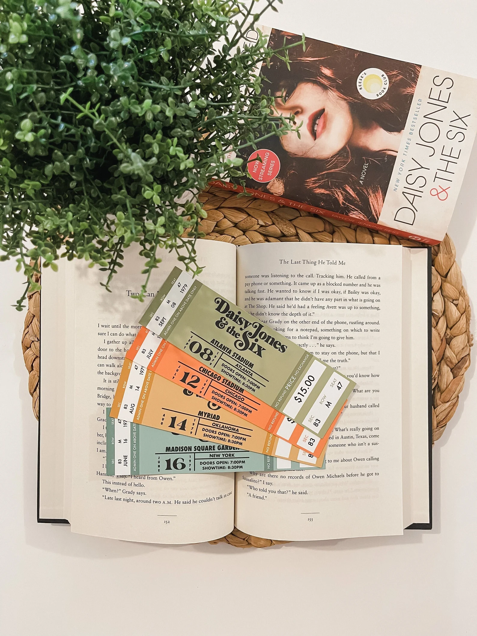 Daisy Jones & the Six Concert Ticket bookmarks in green, orange, gold, and teal