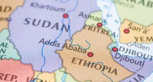 a section of a map of East Africa showing countries like Sudan, Eritrea, Ethiopia, Djibouti, and more