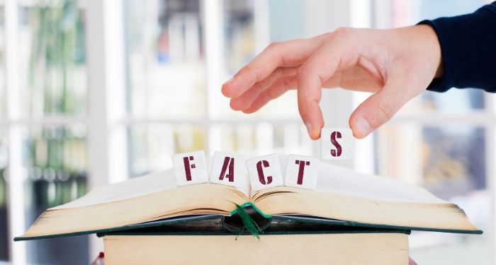 alphabet blocks spelling the word "facts"resting on an open book