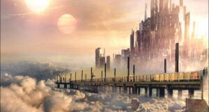 skyline of a futuristic city surrounded by clouds