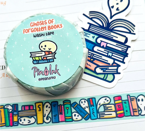 blue washi tape with illustrations of books and ghosts