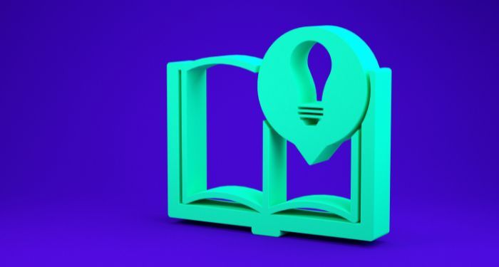 Image of a green book and lightbulb on a blue baackground