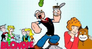 image with Blonde, Popeye, and Annie images against a comic book-inspired, dotted background