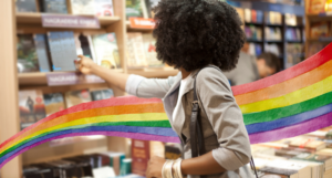 a photo of someone browsing books with a rainbow watercolor illustration superimposed behind them