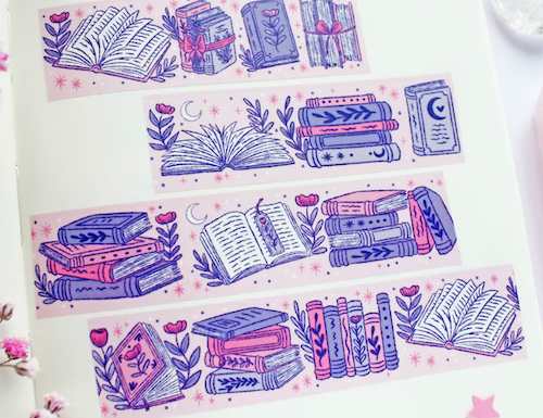 washi tape with blue and pink books, flowers, and witchy vibes