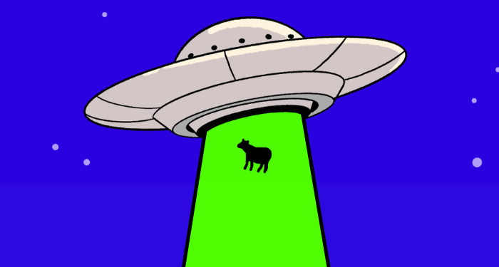 a cropped cover of The Road to Roswell by Connie Willis showing a flying saucer abducting a cow