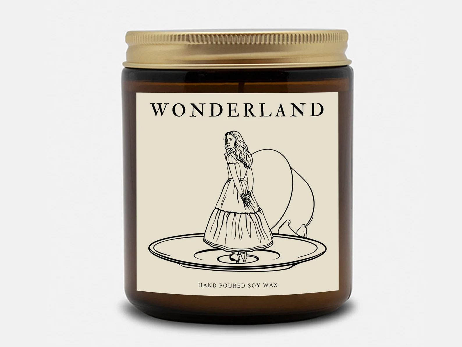 Candle in an amber jar with the label Wonderland and an Alice drawn standing on an overturned tea cup.