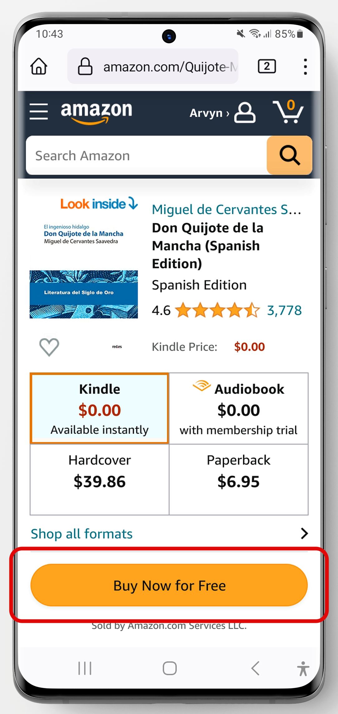 Android'de İspanyolca Don Quijote için Amazon Kindle Store Ürün Listeleme